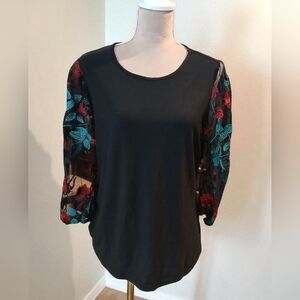 80 Park Black Sheer Balloon Embroidered Floral Womans XL Dark Romantic Vamp